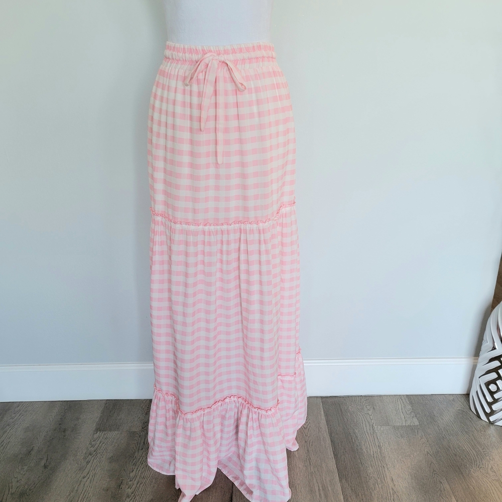 NWT LE BLOG Pink White Gingham Boho Bohemian Brazilian Stretch Maxi Skirt Small
